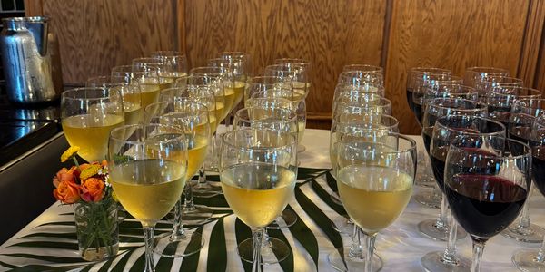 Rows of wine glasses filled with white and red wine on a table.