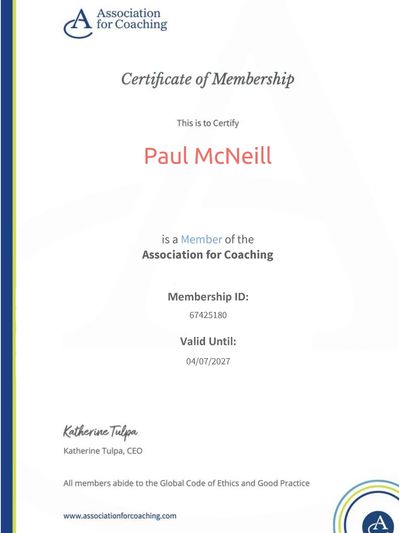 Certificate of membership for Paul McNeill from Association for Coaching.