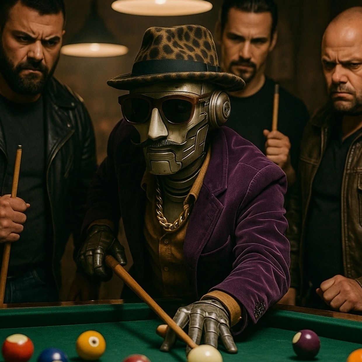 Shock Bot shooting pool with some unsuspecting humans 