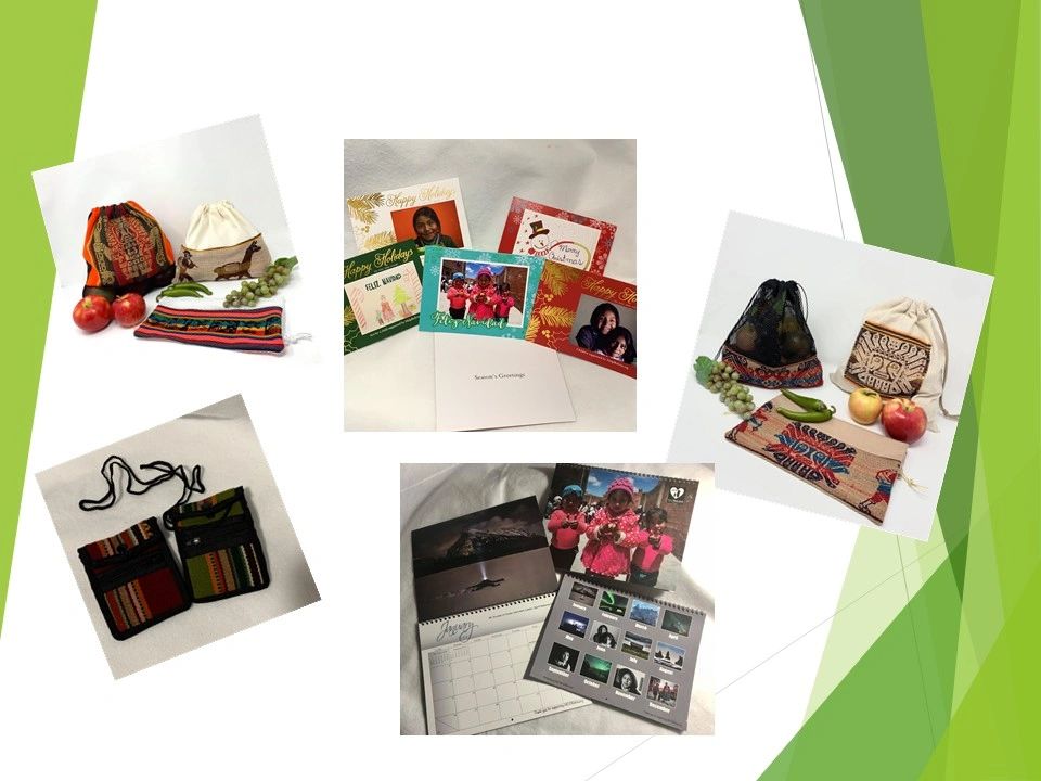 Handmade bags, holiday cards, and calendars displayed on a white background with green borders.
