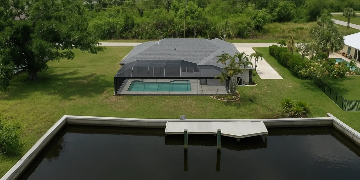Modern house with screened pool and dock on calm water.