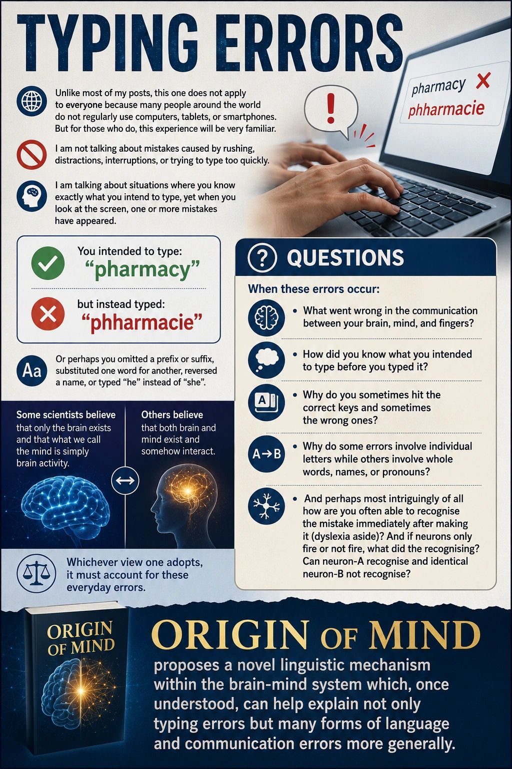 Explanation of typing errors and questions about brain-mind communication during typing mistakes.
