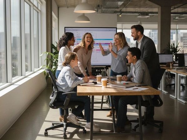 A team of colleagues engaged in a lively discussion in a bright office.