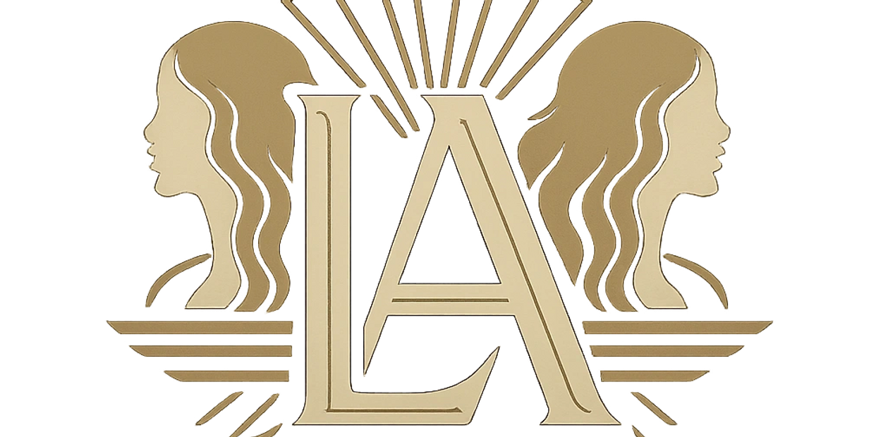 Elegant logo for Lillie & Allie Estate Sales with artistic female profiles and stylized initials.