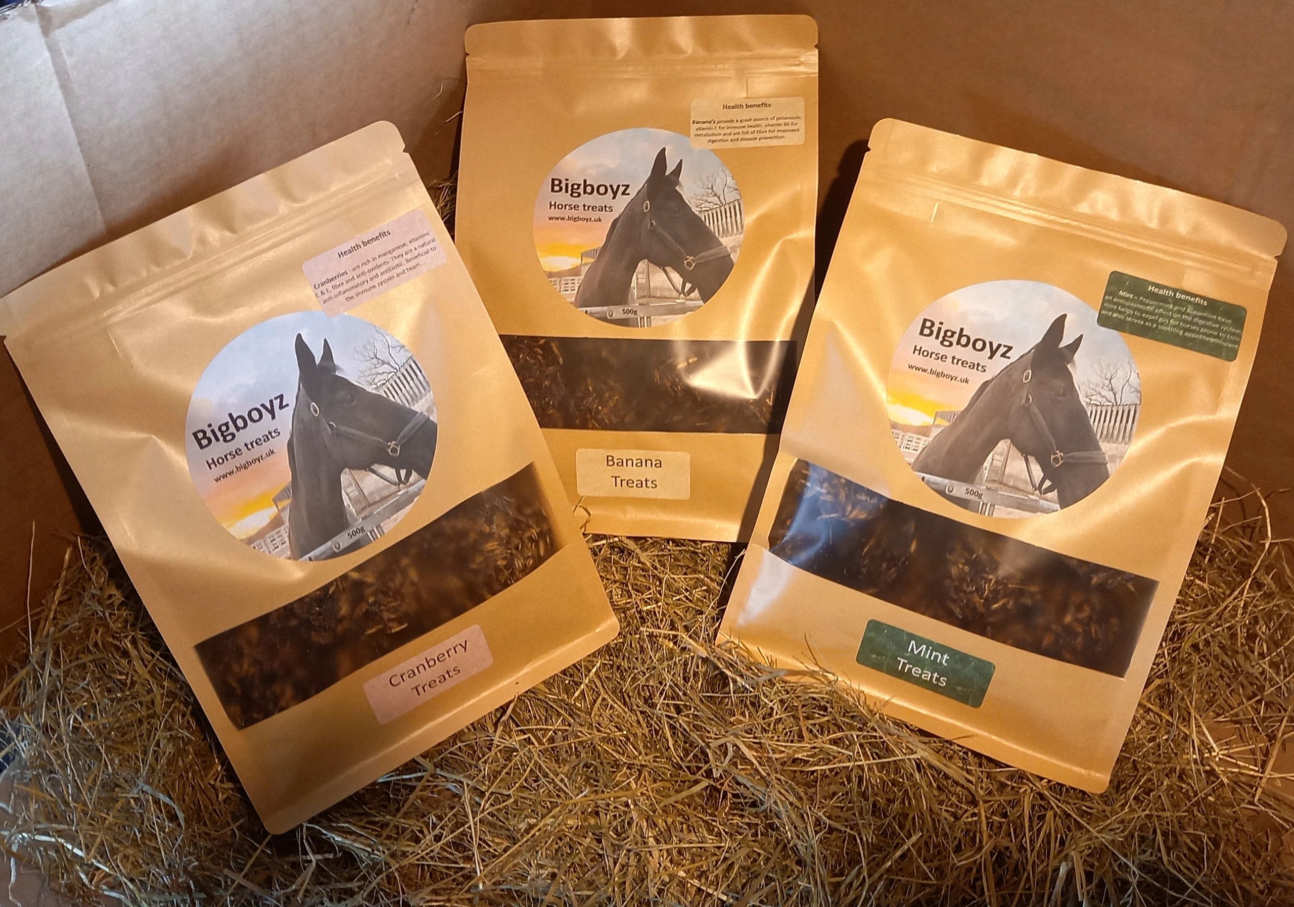 display of 3 bags of bigboyz horse treats