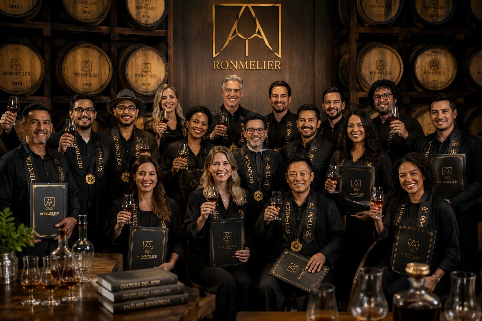 Group of people in a Ronmelier setting holding certificates and glasses of rum.