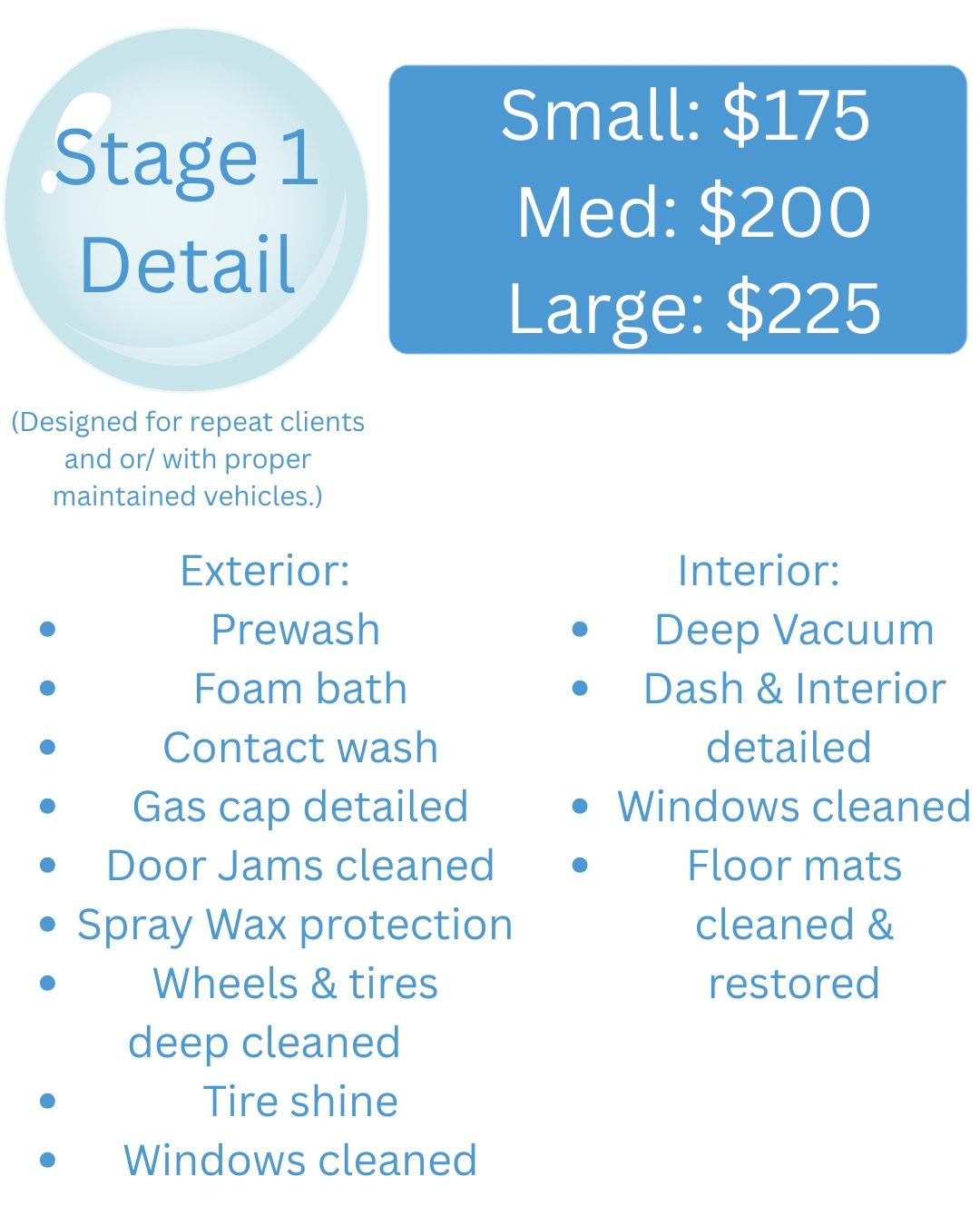Stage 1 Detail car cleaning service with prices for small, medium, and large vehicles.