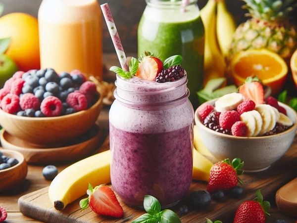 All Natural real fruit smoothie surrounded by natural juices and real fruits