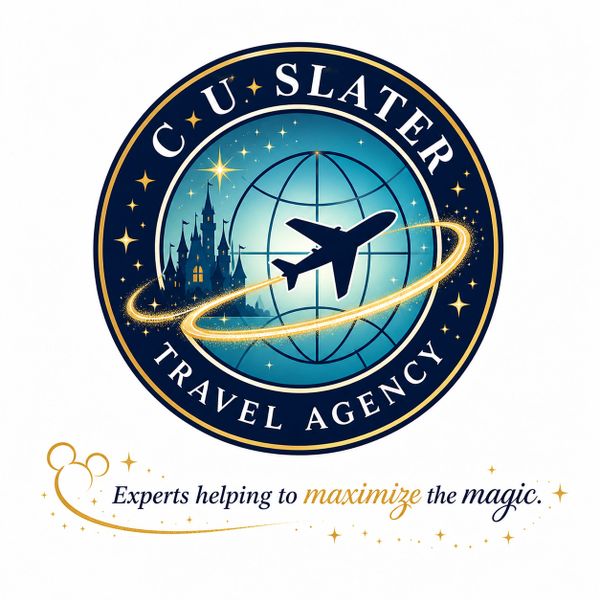 Logo for CU Slater Travel Agency with airplane and castle imagery.