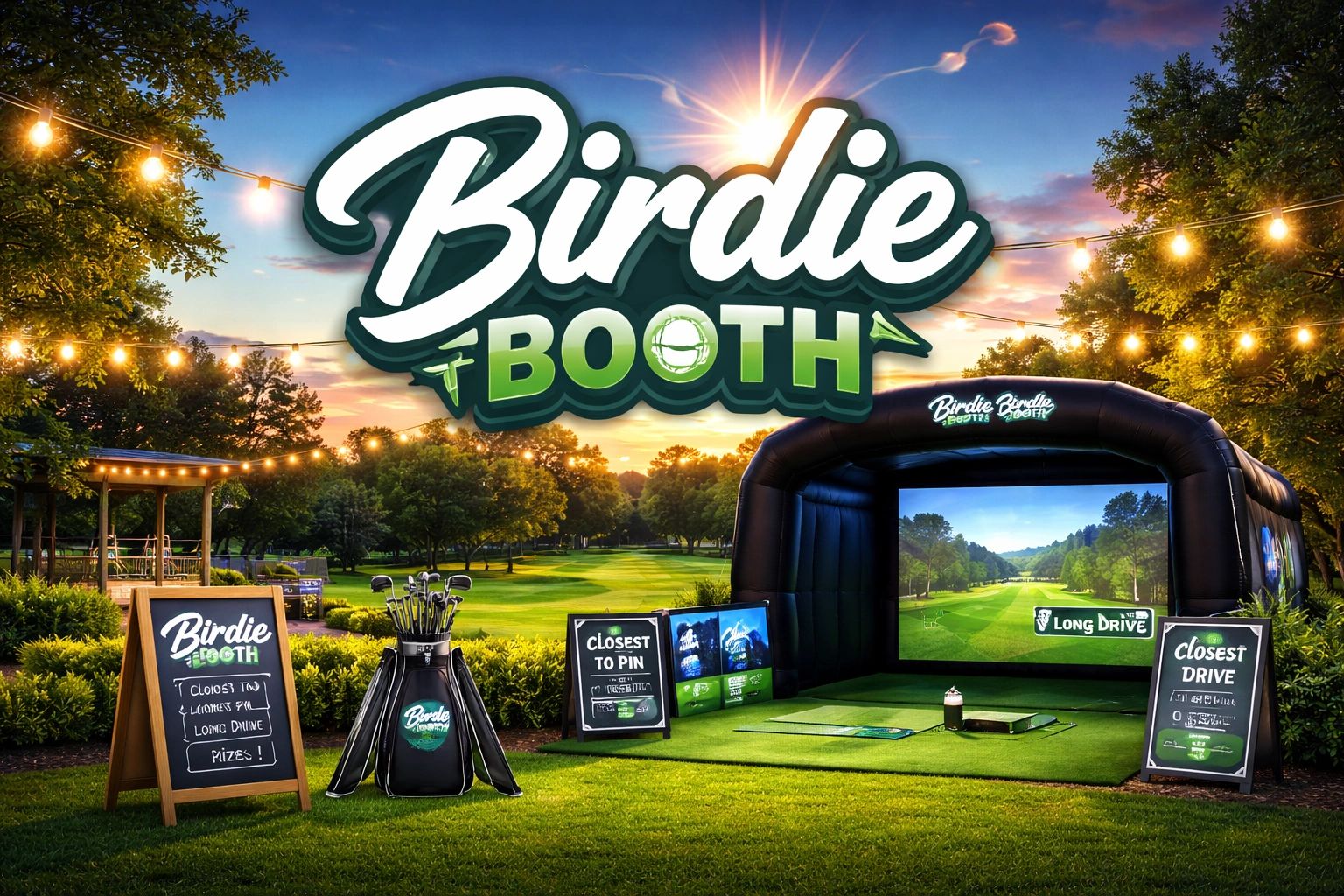 Outdoor golf simulator booth setup with signage and golf clubs at sunset.