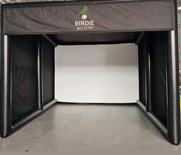 Black inflatable booth with Birdie Booth logo and white backdrop inside.