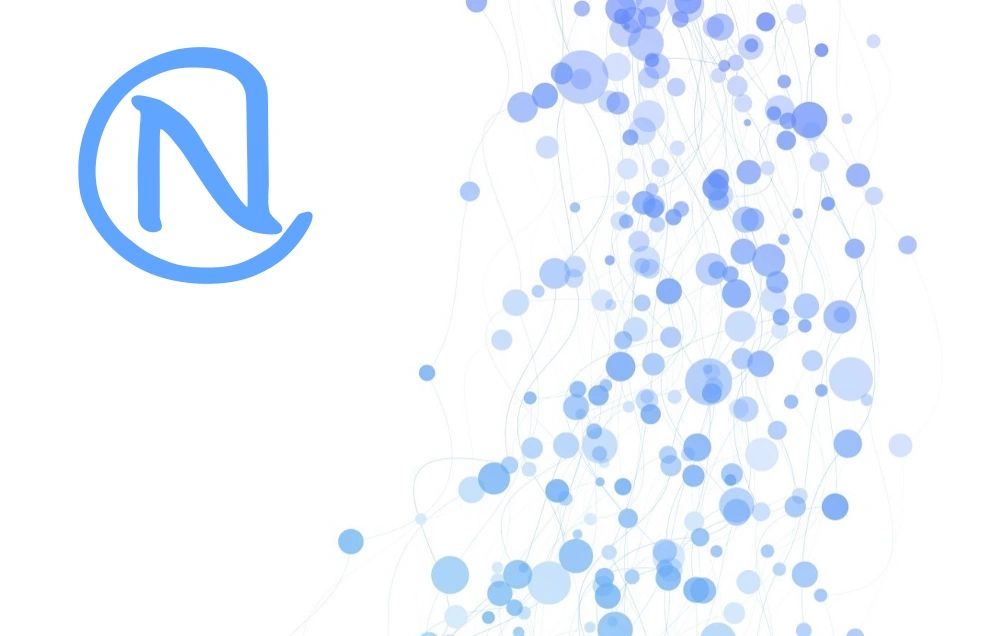 Blue dots scattered with a blue stylized letter 'N' on white background.
