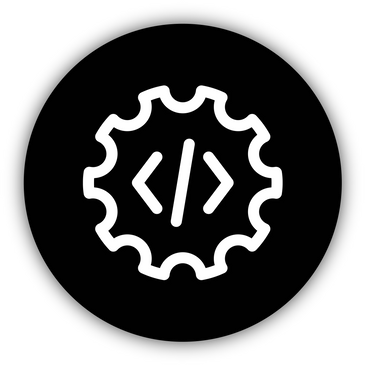White coding symbol inside a gear on a black background.