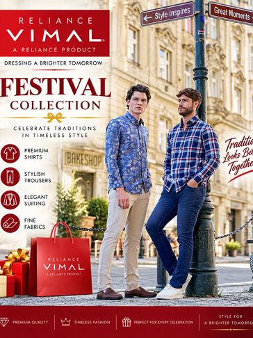 Fashion ad for Reliance Vimal Festival Collection featuring two men in stylish shirts.