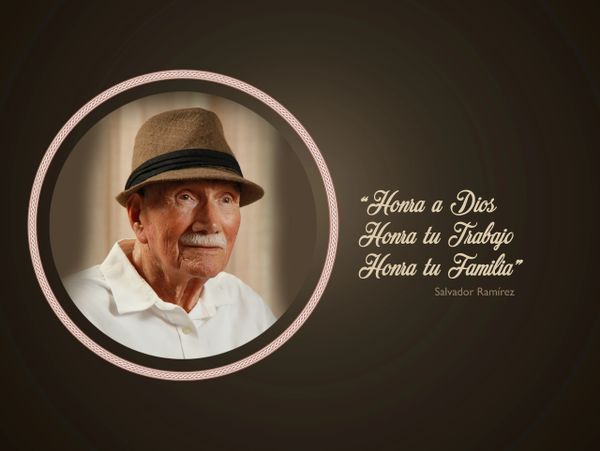 Portrait of an elderly man with a quote honoring God, work, and family.