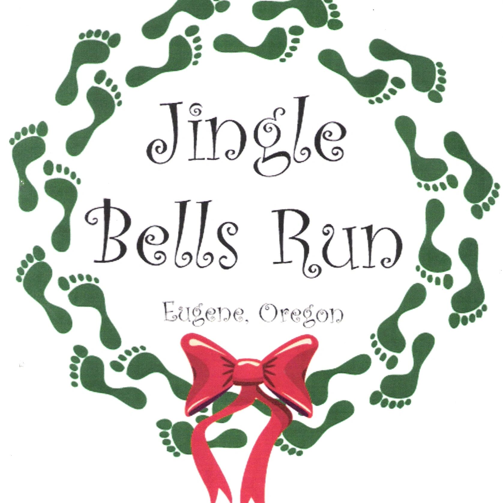 Jingle Bells Run logo with green footprints and a red bow, Eugene, Oregon.