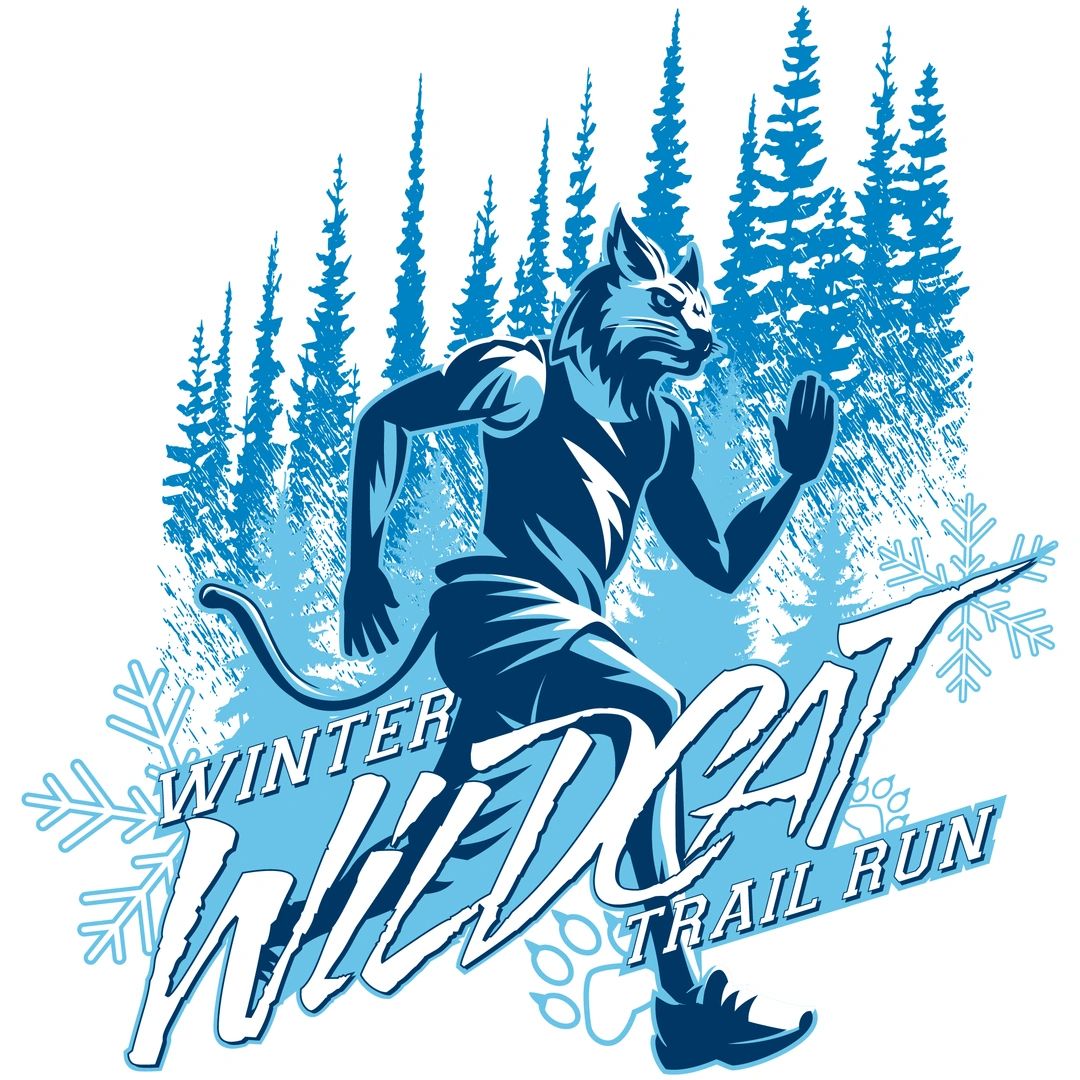 Illustration of a wildcat running in a winter trail run event.