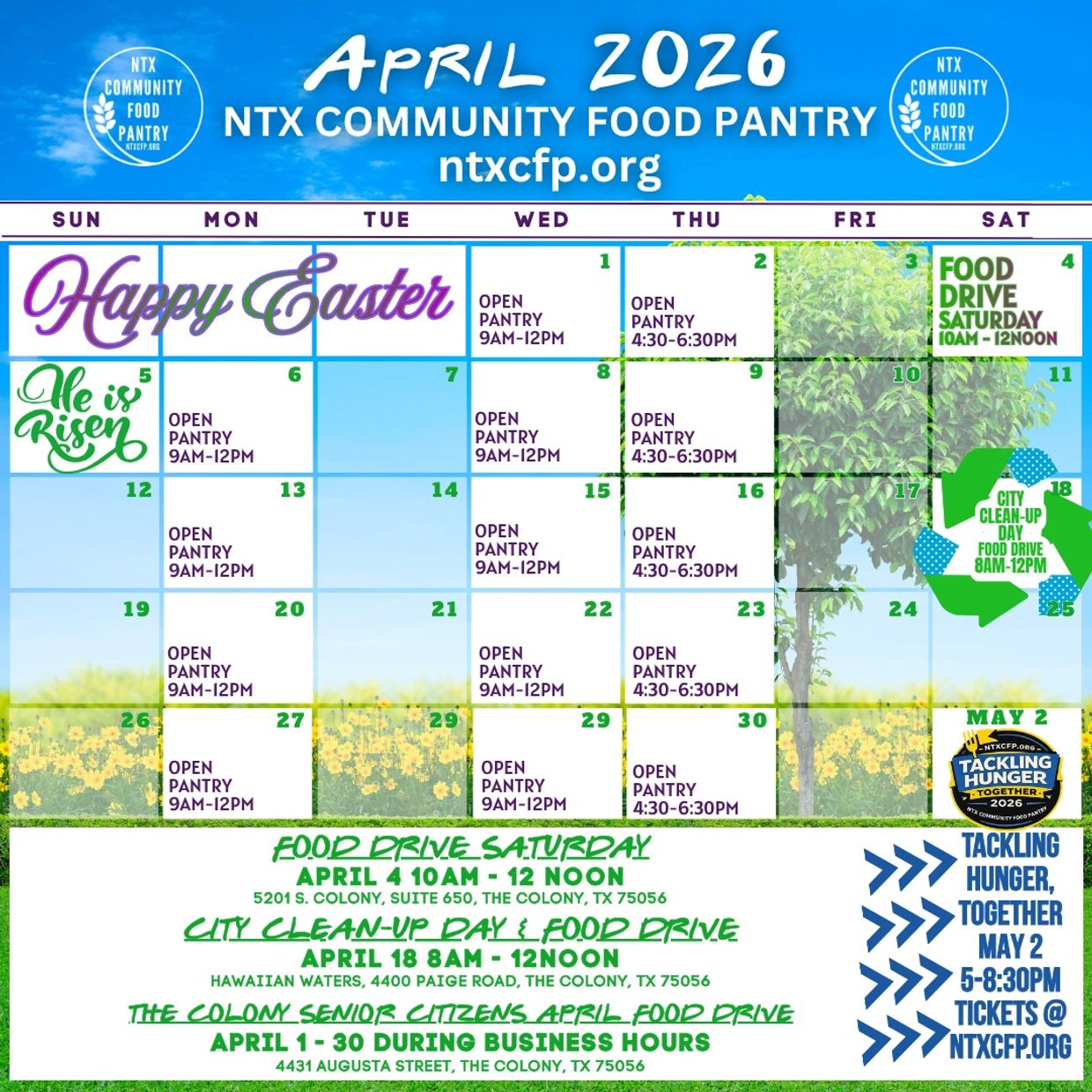 April 2026 calendar for NTX Community Food Pantry with pantry hours and special events.