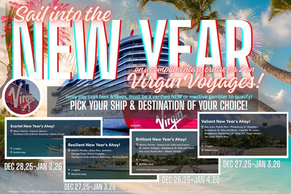 New Year cruise giveaways on Virgin Voyages with multiple ship and destination options.