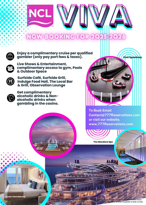 NCL Viva cruise booking for 2025-2026 with complimentary perks and live entertainment.