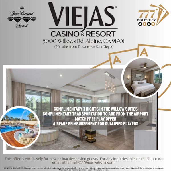 Viejas Casino & Resort offers complimentary 3-night stay and transportation.