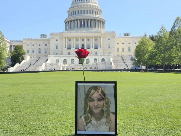 Framed photo of a young girl with a rose in front of the Capitol building.