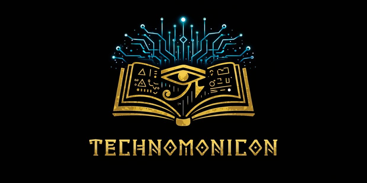 Golden open book with an eye and digital circuit lines above, titled Technomonicon.