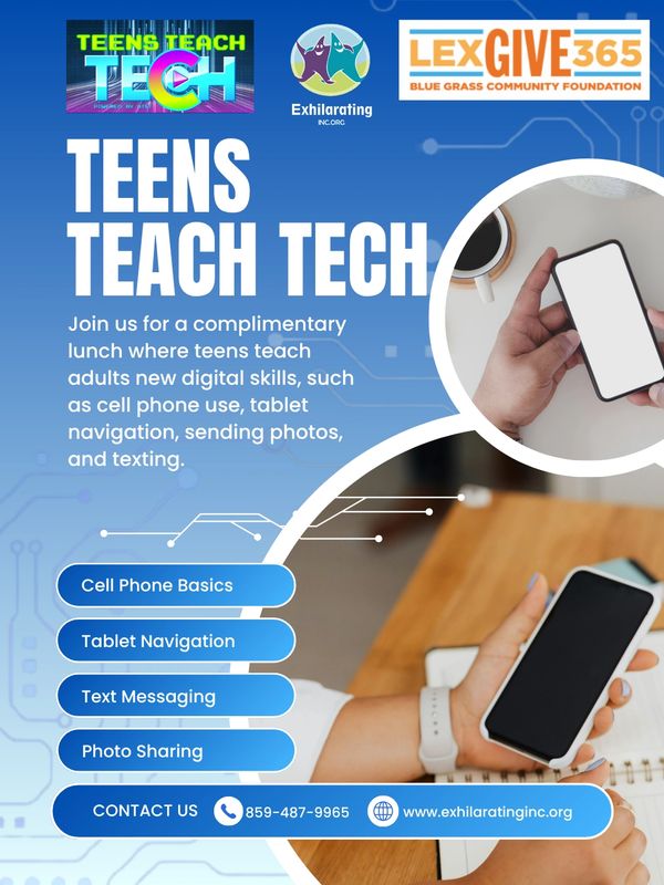 Flyer promoting Teens Teach Tech event with digital skill lessons for adults.