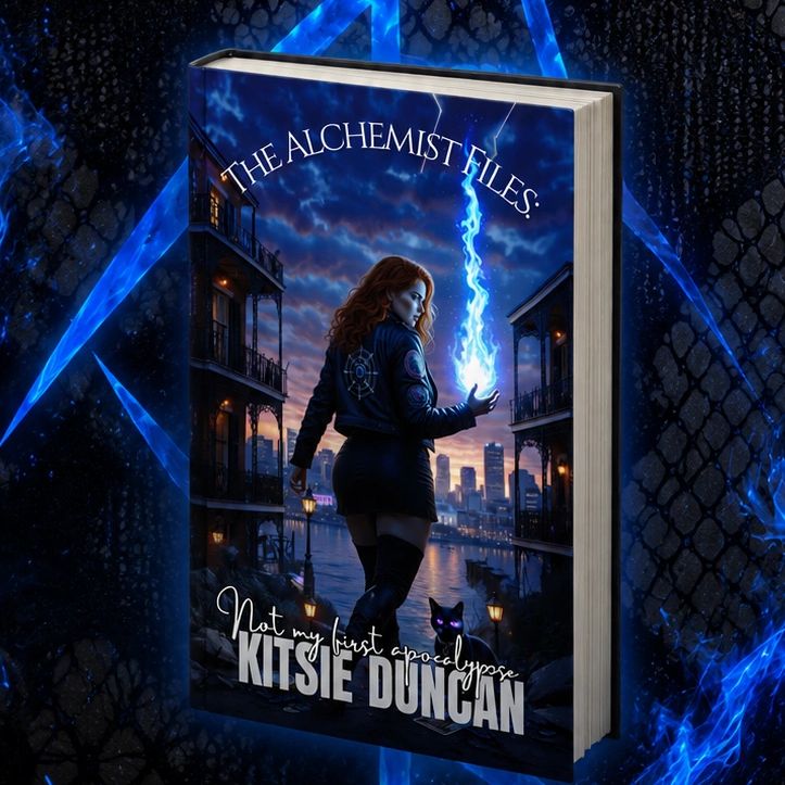 Book cover showing a woman with magical blue flames and a black cat by the water.