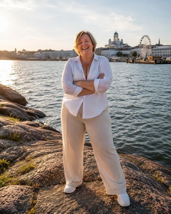 Smiling woman stands on rocky shore with cityscape and ferris wheel in the background.