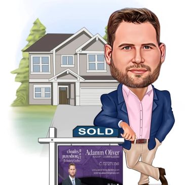 Caricature of a real estate agent with a sold sign in front of a house.
