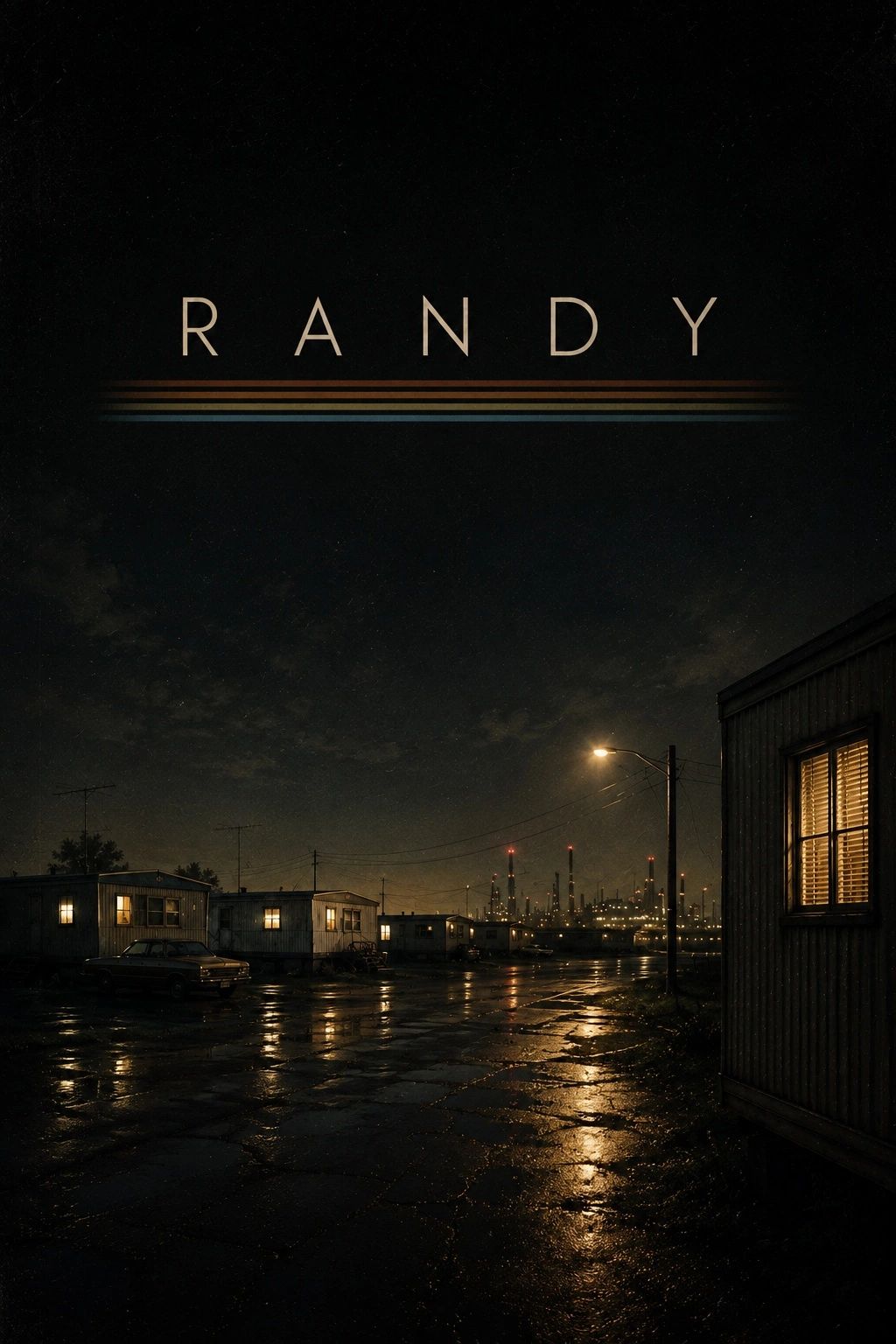 Title 'RANDY' above a dimly lit, rainy trailer park at night.