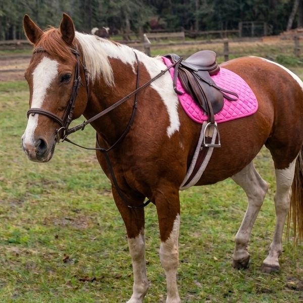Brown and white horse with a pink saddle pad standing in a grassy field.
