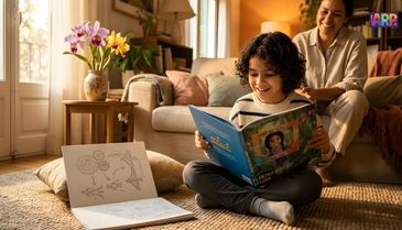 A child happily reads a book while an adult smiles nearby in a cozy living room.