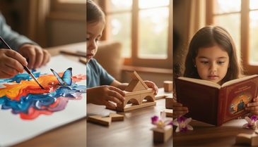 Child painting with a butterfly, building blocks, and reading a book.