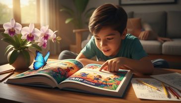 A boy reading a colorful storybook with a blue butterfly nearby.