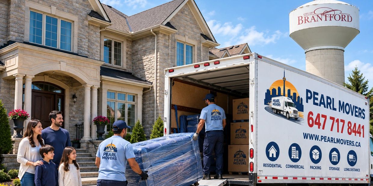 Movers unloading furniture at a house in Brantford.