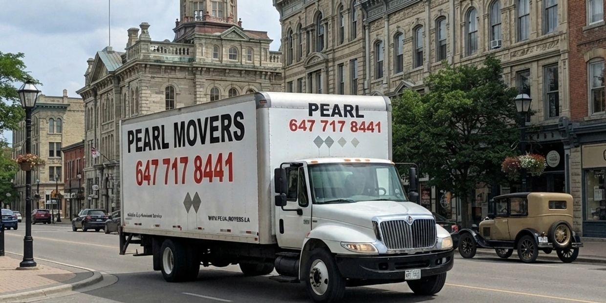 White Pearl Movers truck driving in a historic city area.
