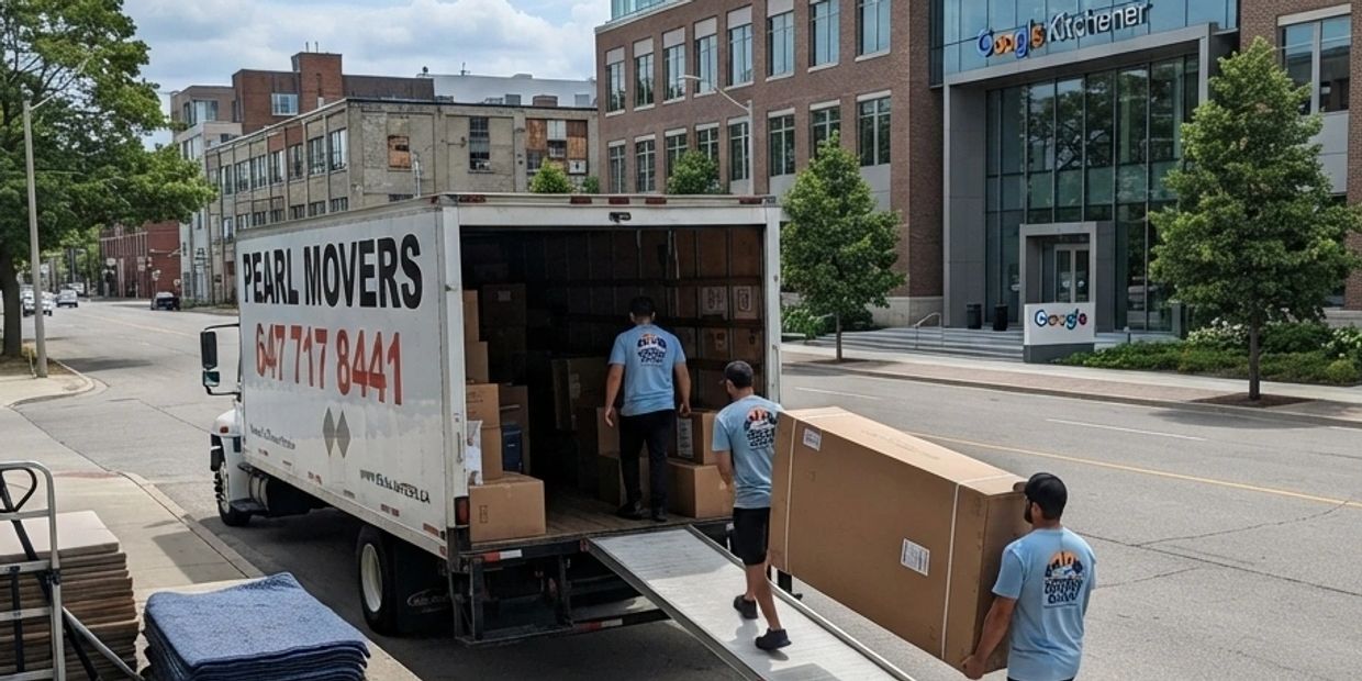 Movers unloading boxes from a truck outside an office building.
