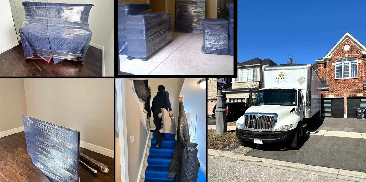 Pearl Movers Truck on location in Mississauga. Wrapped furniture and fully protected ready to move.