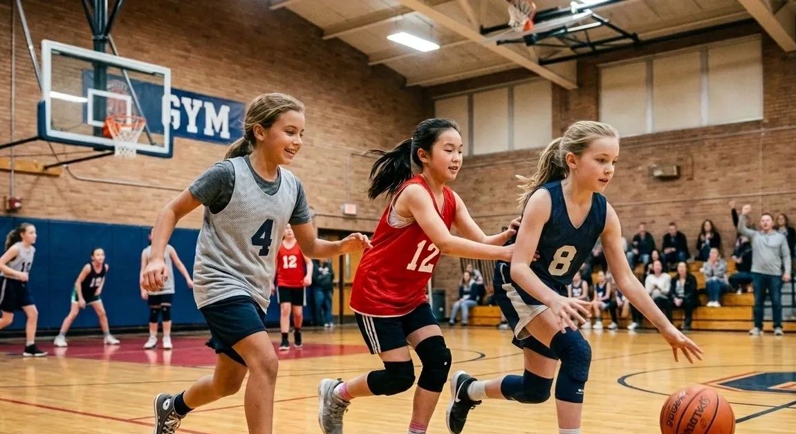 Young girls playing basketball in a gym.