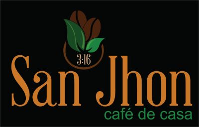 Logo de café San Jhon con granos de café y hojas.