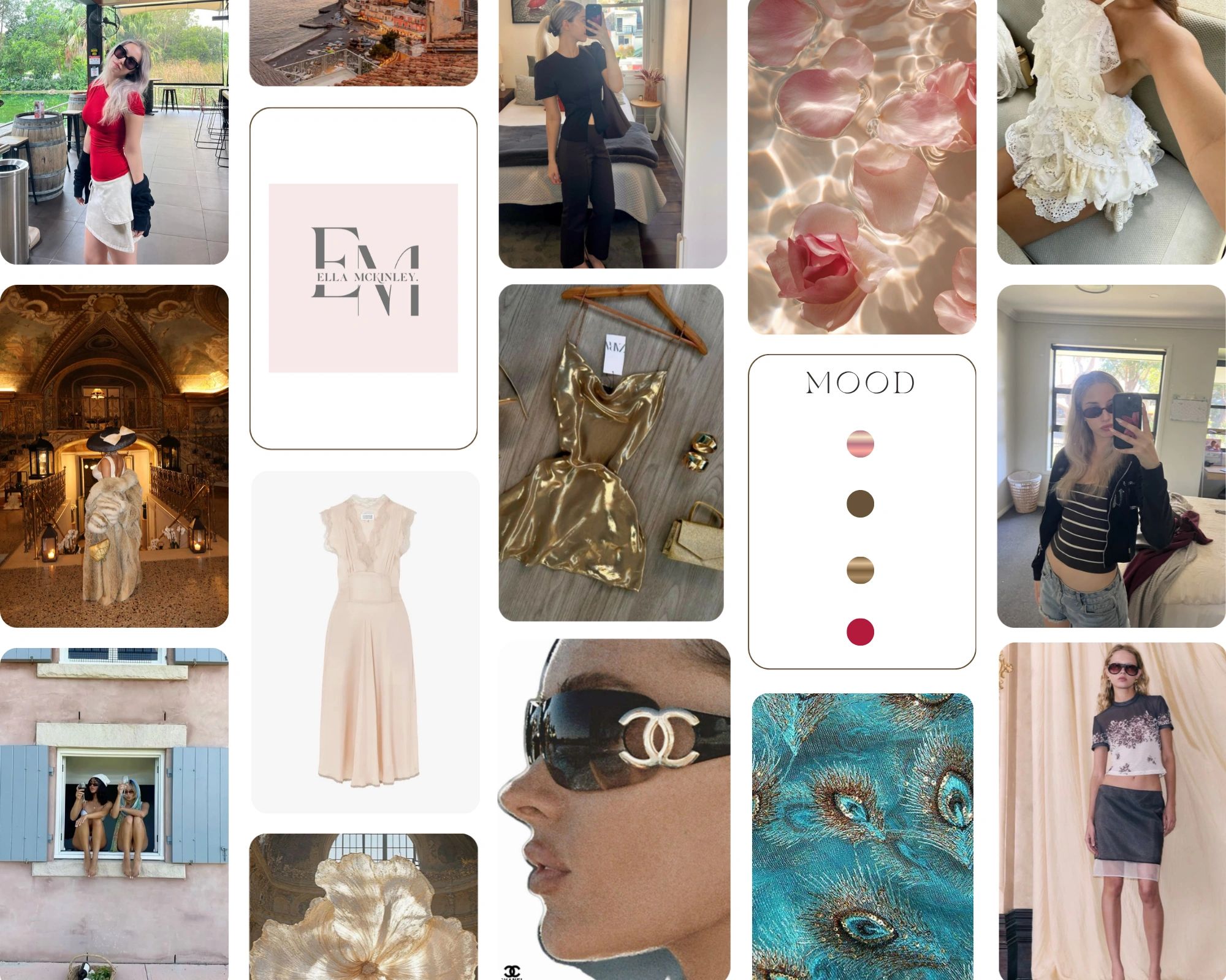 Fashion collage with stylish outfits, accessories, and elegant settings.