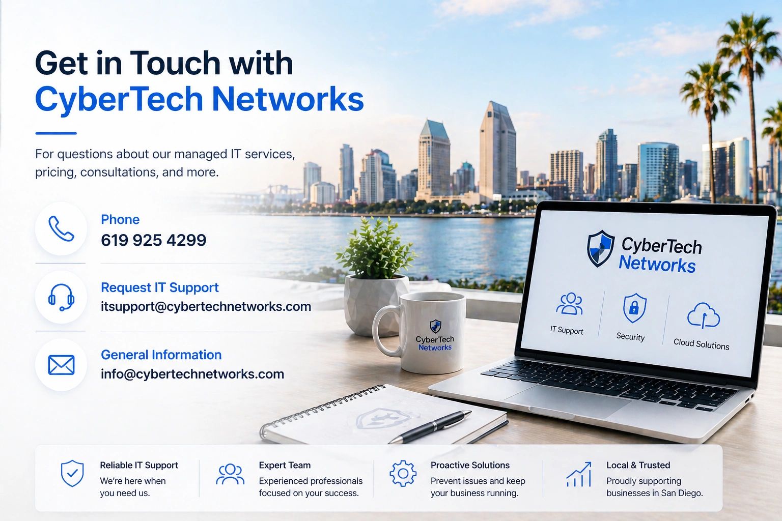 Contact CyberTech Networks for expert IT support, security, and cloud solutions in San Diego.