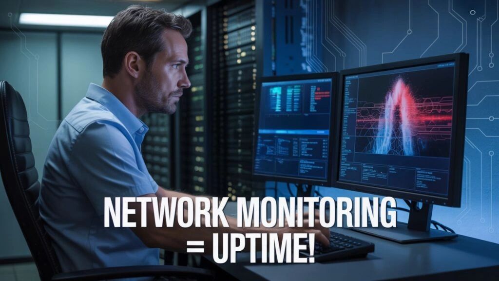 Man monitoring network data on dual screens to ensure uptime.