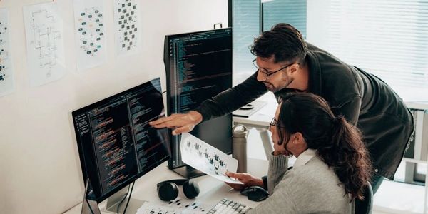 Two programmers collaborating on code at a dual-monitor workstation.