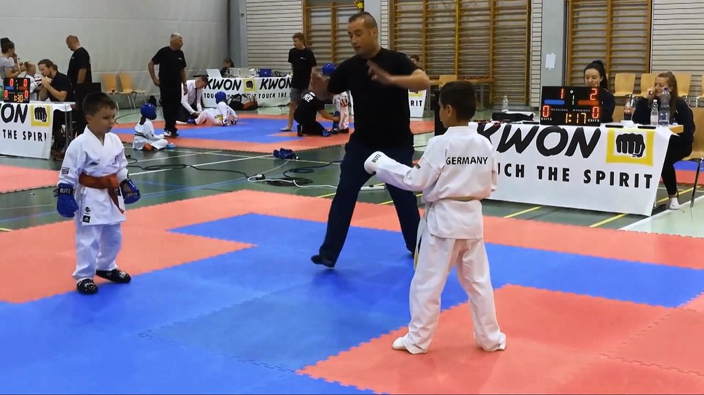 GBMAT Athlete Leo Vincent about to engage in some Kumite against a German Athlete at the 2018 EMAG.