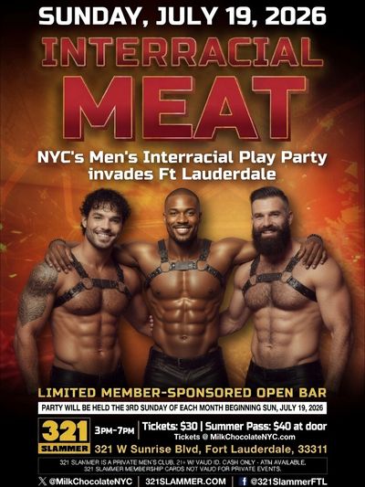 Promotional poster for NYC's Men’s Interracial Play Party in Ft Lauderdale, July 19, 2026.
