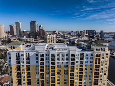 aerial photograph of downtown tampa and riverwalk