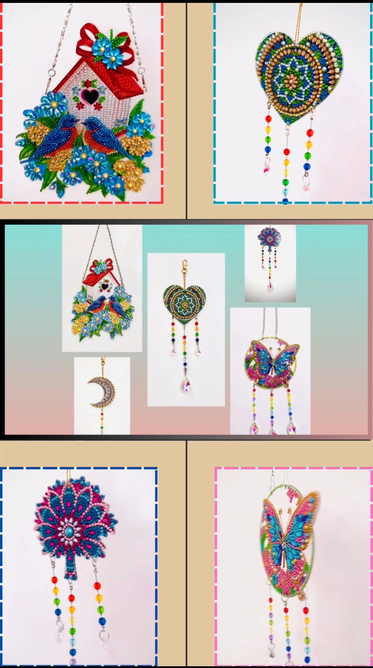 Colorful beaded hanging decorations with birds, hearts, butterflies, and floral designs.